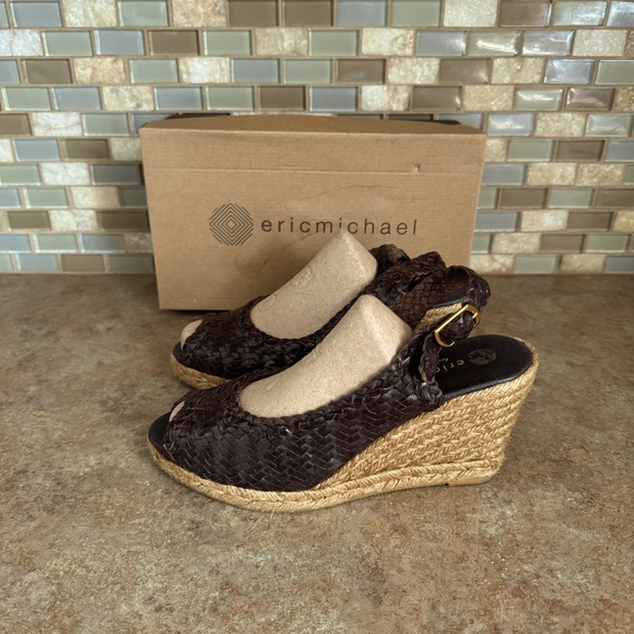 Eric Michael brown woven leather wedge jute espadrilles - Picture 1 of 6
